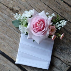 Greenery Pocket Boutonniere In Baby Pink Real Touch Rose, Groom's accessories, Rustic Boutonnieres, Spring Summer boutonniere, Baby's breath