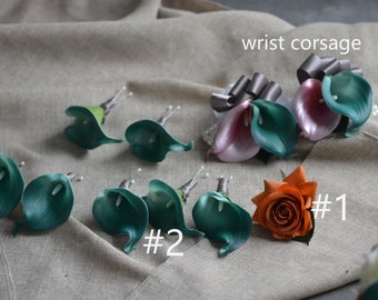 Burnt Orange Boutonniere, Teal Boutonniere, Teal Rose Gold Wrist Corsages, Wedding Boutonnieres, Corsages