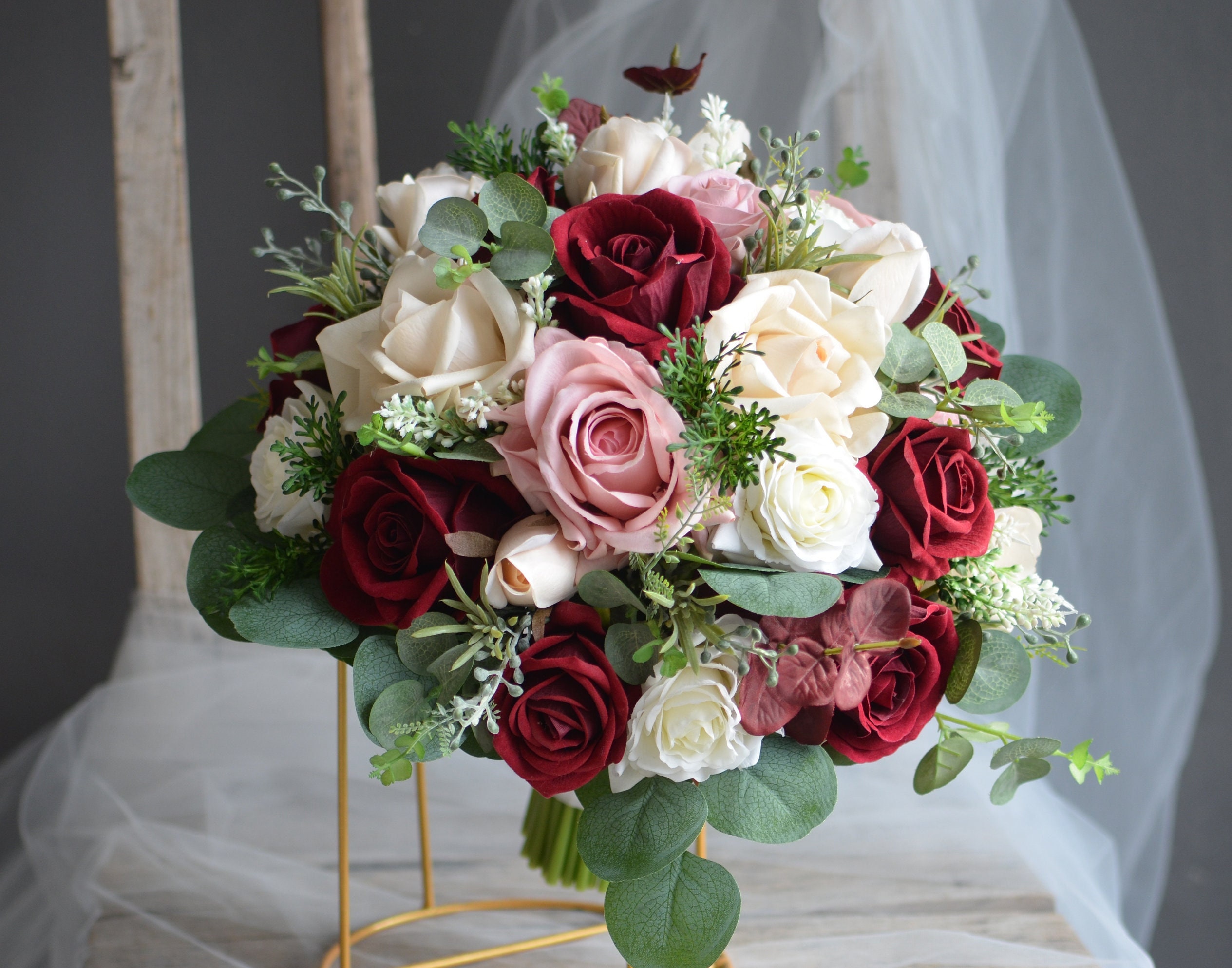 Burgundy Ivory Rose Pink Bouquet