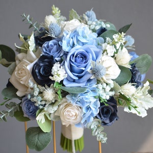 Faux Dusty Blue Wedding Bouquet, Dark Navy Blue Ivory Bridal Bouquet, Real Touch Roses, Blue Wild Flowers, Boutonniere Corsage