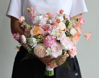 Faux Wildflower Pink Bridal Bouquet: Pink Dahlia & Daisy Artificial Flowers, Colorful Spring Summer Wedding Bouquets, Boutonnieres, Corsages