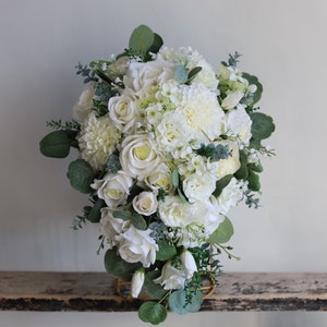 Real Touch Flowers Cascading Bouquet, Cream White Real Touch Roses Bridal Bouquet, Bridesmaids Wedding Bouquets, Boutonieres, Wrist Corsages