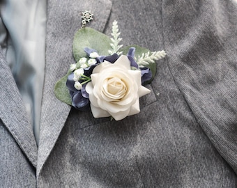 Wildflowers White Rose Greenery Pocket Boutonniere in Real Touch Rose, Groom's accessories, Rustic Boutonnieres