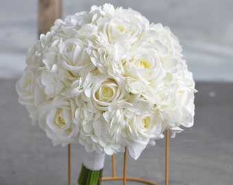 Extremely Realistic Faux Cream White Roses Hydrangeas Wedding Bouquets, Real Touch Artificial Flowers, White Boutonniere, Corsages