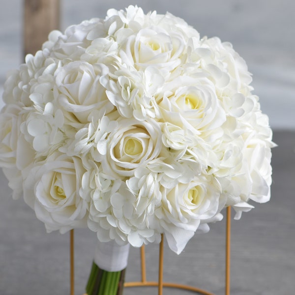 Extremely Realistic Faux Cream White Roses Hydrangeas Wedding Bouquets, Real Touch Artificial Flowers, White Boutonniere, Corsages