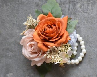 Fake Real Touch Rose Boutonniere, Fall Apricot Boho Corsage, Burnt Orange Boutonniere, Wedding Boutonniere & Wedding Corsage