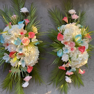 Beach Wedding Archway Flower, Aqua Coral Wedding Corner Swag, Blue Wedding Backdrop, Pink Wedding Arch Flowers Decor