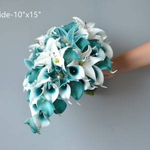 Faux Teal Cascading Bridal Bouquet, Teal Tiger Lily, Rose Bouquet, Real Touch Calla lily, Artificial Flower Bouquet, Teal Blue boutonniere