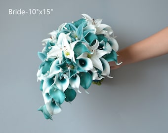 Faux Teal Cascading Bridal Bouquet, Teal Tiger Lily, Rose Bouquet, Real Touch Calla lily, Artificial Flower Bouquet, Teal Blue boutonniere