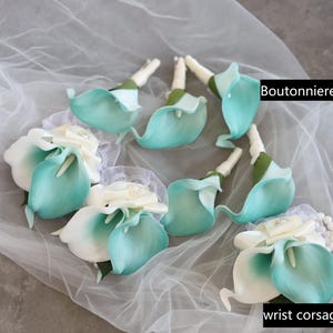 Real Touch Turquoise Blue Calla Lily Boutonnieres, Teal Tone Fake Flowers Wedding Boutonniere & Wedding Corsage, Homecoming Prom Corsage