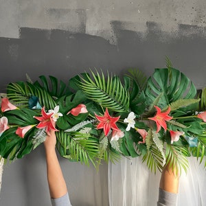 5ft Beach Wedding Archway Flower, Teal Coral Wedding Corner Swag, TROPICAL Palm monstera leave Wedding Backdrop Garland