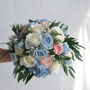 Faux Dusty Blue Rose Pink BLush Wedding Bouquet, Real Touch Roses, Boho Spring Summer Beach Bridal Bridesmaids Bouquet, Boutonniere