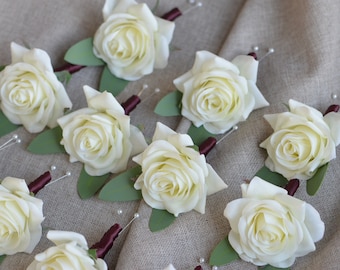 Ivory Rose Boutonnieres, Faux Real Touch Ivory Roses, Green Eucalyptus