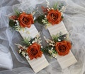Greenery Pocket Boutonniere In Burnt Orange Real Touch Rose, Groom's accessories, Rustic Boutonnieres, Fall boutonnieres, Baby's breath