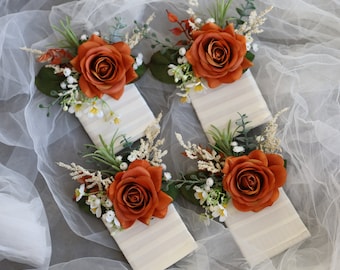 Greenery Pocket Boutonniere In Burnt Orange Real Touch Rose, Groom's accessories, Rustic Boutonnieres, Fall boutonnieres, Baby's breath