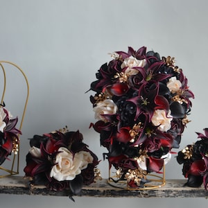 Burgundy Black Gold Beige Bridal Bouquet, Faux Real Touch Flowers, Fall wedding Halloween Wedding, Deep Purple Black Wedding Bouquet image 1