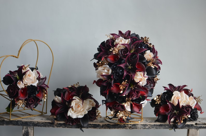 Burgundy Black Gold Beige Bridal Bouquet, Faux Real Touch Flowers, Fall wedding Halloween Wedding, Deep Purple Black Wedding Bouquet image 1