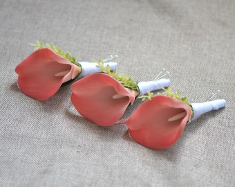Coral Pink Boutonnieres, Calla Lily Groom Groomsmen Boutonnieres, Real Touch Calla Lilies, Coral Callas