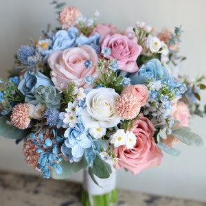 Light Blue & Rose Pink Wildflower Bridal Bouquet, Colorful Wedding Bouquet, Spring Summer Bouquets, Real Touch Rose, Daisies, Hydrangeas