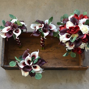 Burgundy Bridal Bouquets, Rustic Ivory Burgundy Bridal Bouquet, Faux Real Touch Flowers, Dark Red Wedding Bouquets