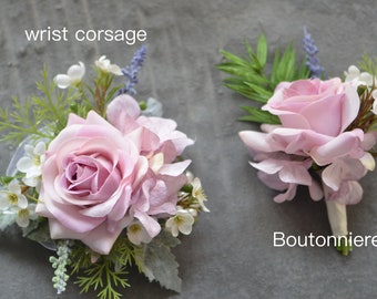 Lilac Mauve, Light Purple Boutonniere, Real Touch Rose, Wedding Boutonniere & Wedding Corsage, Wedding Homecoming Prom Corsage