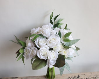 14" Faux White Green  Real Touch Roses Bridal Bouquet, Fall Spring Summer Wedding Bouquets, White Roses Artificial Flowers Bouquets