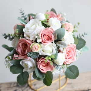 Artificial White Dusty Pink Spring Summer Wedding Bouquet, Real Touch Faux Roses, Euca Bouquet, Boho Bridal Bouquet, Bridesmaids, Corsages