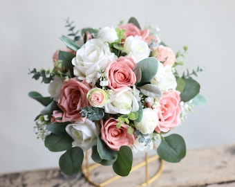 Artificial White Dusty Pink Spring Summer Wedding Bouquet, Real Touch Faux Roses, Euca Bouquet, Boho Bridal Bouquet, Bridesmaids, Corsages
