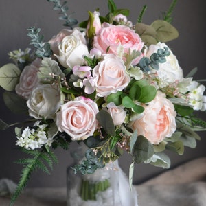 Blush White Wedding Bouquet, Faux Pink Flowers Bouquet, Pink Peony Bouquet, Lamb's ears, Boho Bridal Bouquet, Eucalyptus image 2