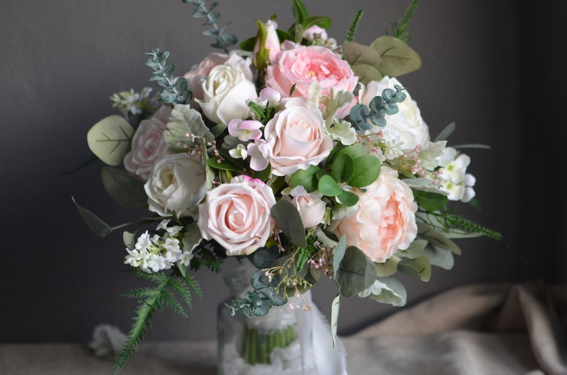 Blush White Wedding Bouquet, Faux Pink Flowers Bouquet, Pink Peony Bouquet, Lamb's ears, Boho Bridal Bouquet, Eucalyptus image 2