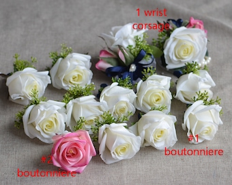 Ivory Roses Boutonieres, Ivory Rose Corsages, Hot Pink Boutonnieres, Navy ribbon