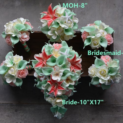 Mint Coral Bridal Bouquets Real Touch Flowers Wedding Etsy