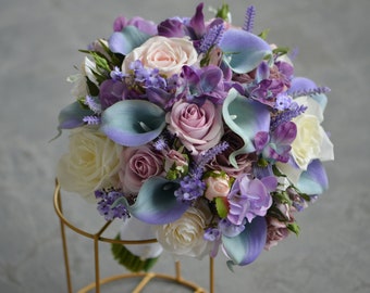 Aqua Purple Wild Bridal Bouquet, Mauve Roses, Blue Purple Orchids, Lavender Flowers, Wedding Bouquet