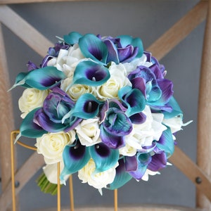 Teal Purple Real Touch Calla Lilies Wedding Bouquets, Purple Teal Bridesmaids Bouquets, Plum Teal Bridal Bouquets, Boutonnieres, Corsages