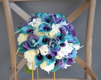 Teal Purple Real Touch Calla Lilies Wedding Bouquets, Purple Teal Bridesmaids Bouquets, Plum Teal Bridal Bouquets, Boutonnieres, Corsages