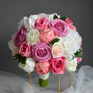 Hot Pink Real Touch Fake Flowers Bridal Bouquet, Cabbage Hot Pink Roses, Peonies, Hydrangeas, Wedding Bouquets, Hot Pink Home Decor