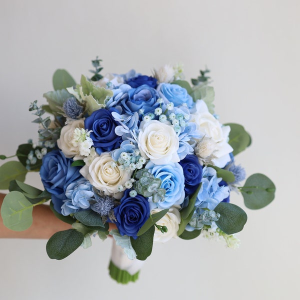 Royal Blue & Dusty Blue Fake Flowers Wedding Bouquet, Real Touch Roses, Wild Flowers, Blue White Spring Summer Bridal Bouquets/Boutonnieres