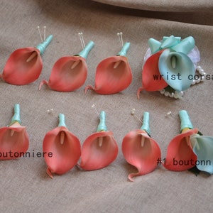 Coral Boutonnieres, Aqua Corsages, Calla Lily Groom Groomsmen Boutonnieres, Real Touch Calla Lilies Boutonnieres