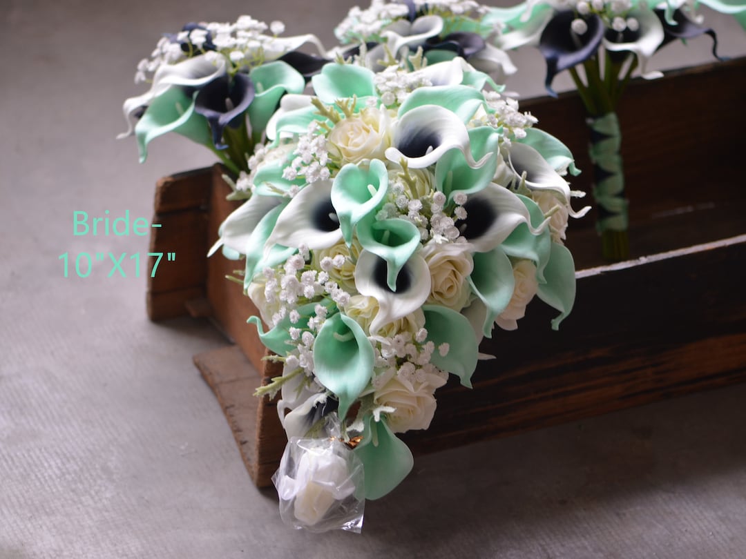 Artificial Flowers Seafoam Green Bouquets, Navy Mint Bridesmaids