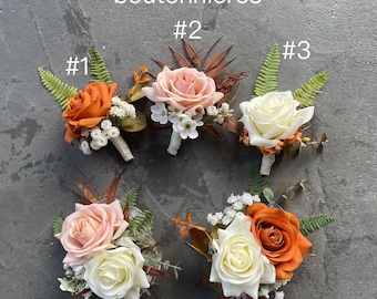 Burnt Orange Ivory Beige Fall Boutonnieres, Boho Fall Wedding Bouquets, Artificial Real Touch Roses, Terracotta, Dusty Pink Bouquets
