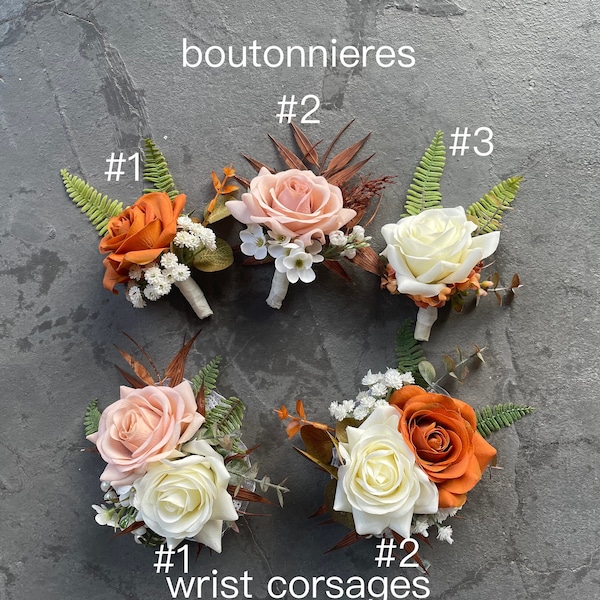 Burnt Orange Ivory Beige Fall Boutonnieres, Boho Fall Wedding Bouquets, Artificial Real Touch Roses, Terracotta, Dusty Pink Bouquets