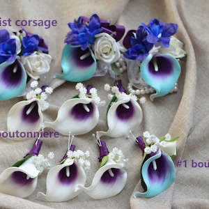 Fake Purple Picasso Boutonnieres, Calla Lily Groom Groomsman Boutonnieres, Real Touch Calla Lilies,  Baby's Breath