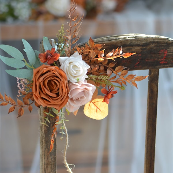 Terracotta Chair Decor Flowers, Burnt Orange Ivory Chair Arrangement, Fall Wedding Aisle Decoration, Autumn Pew Flowers