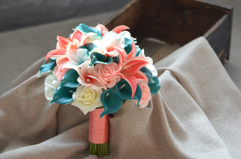 Coral Teal Bridal Bouquets Calla Lilies Wedding Bouquets ...