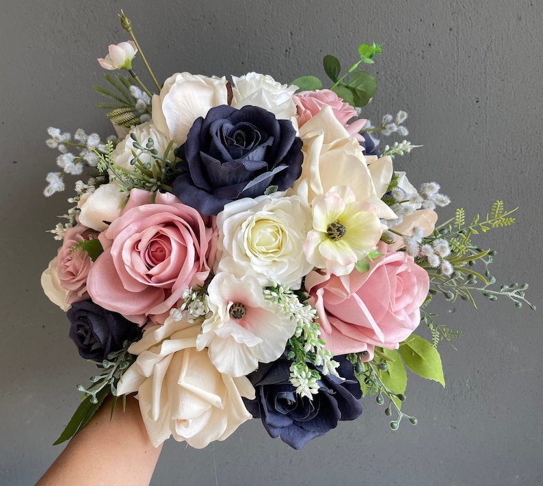 Navy Rose Pink Wedding Bouquet Real Touch Fake Rose Gold Etsy