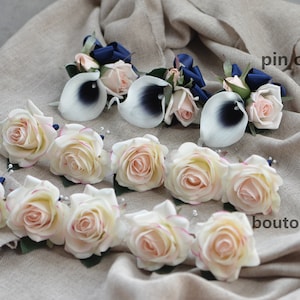 Blush Rose Boutonnieres, Navy Picasso Corsage, Wedding Boutonniere & Wedding Corsage, Mother&#39;s Corsages