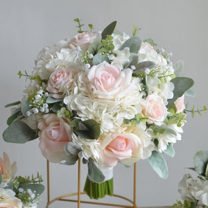 Cream Blush Faux Real Touch Roses & Hydrangeas Wedding Bouquet, baby&#39;s breath, Dusty Millers, Bridesmaids Bouquets, Boutonnieres