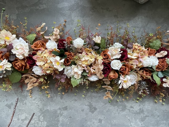 Burgundy & Rust Beige Terracotta Corner Swag, Fall Flowers Arch, Fall Flowers Garland, Real touch Faux Flowers