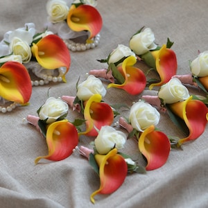 Red Orange Boutonnieres, Ivory roses Wrist Corsages, Calla Lily Groom Boutonnieres, Real Touch Calla Lilies Boutonnieres