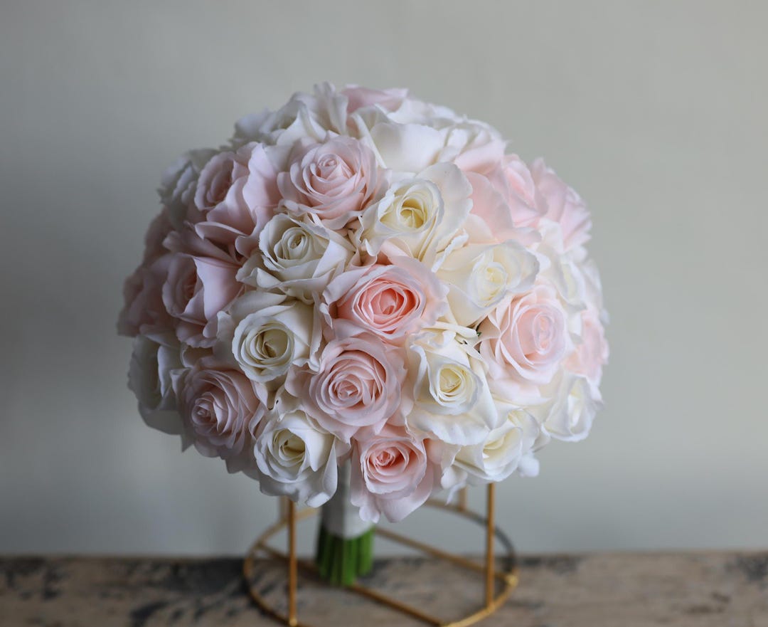 White Blush Roses Faux White and Blush Real Touch Roses Bridal Bouquet, White Pink ...